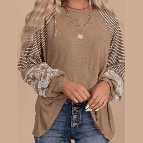 Arabella Beige Floral Striped Patchwork Loose Long Sleeve Top