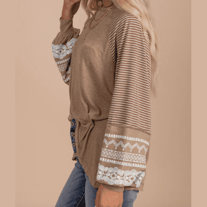 Arabella Beige Floral Striped Patchwork Loose Long Sleeve Top