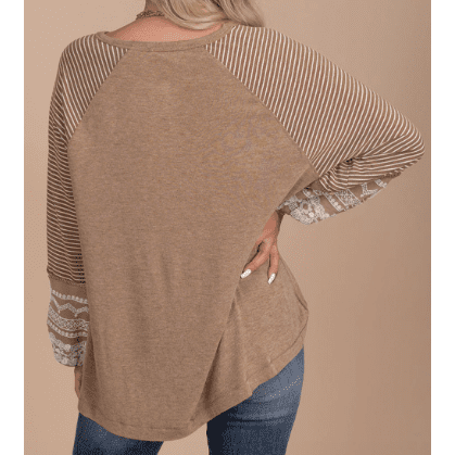 Arabella Beige Floral Striped Patchwork Loose Long Sleeve Top