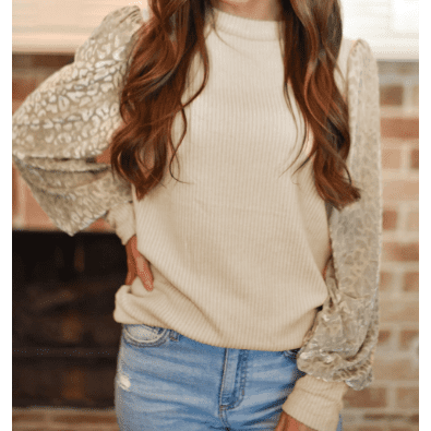 Adalee Apricot Leopard Print Long Sleeve Ribbed Knit Blouse