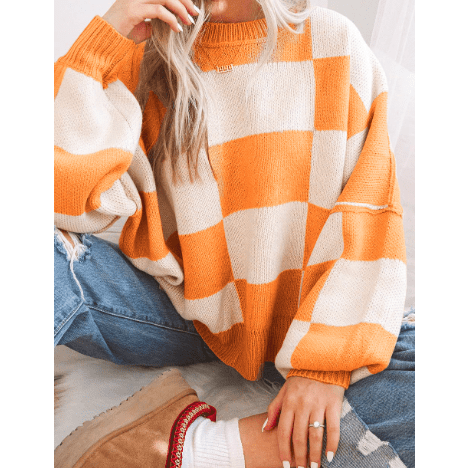 Maryam Orange Checkered Bishop Sleeve Sweater