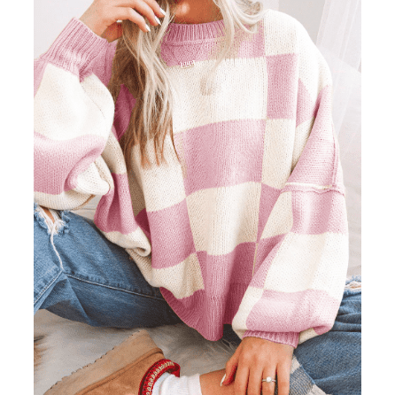 Maryam Pink Checkered Bishop Sleeve Sweater