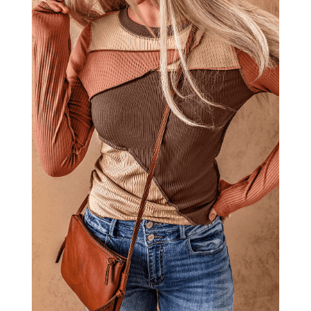 Chelsi Brown Exposed Seam Color Block Ribbed Knit Top