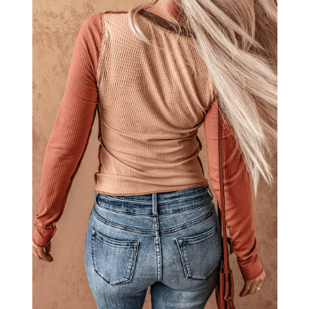 Chelsi Brown Exposed Seam Color Block Ribbed Knit Top