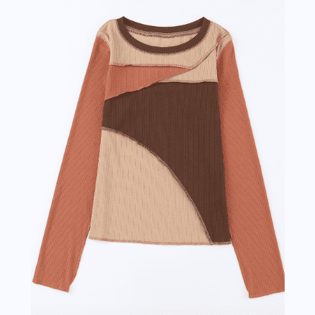 Chelsi Brown Exposed Seam Color Block Ribbed Knit Top