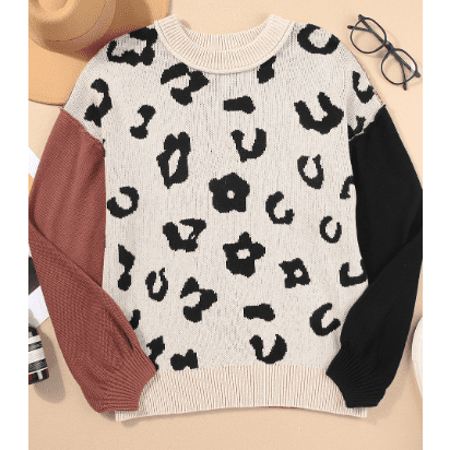 Melanie Coffee Leopard Print Colorblock Pullover Sweater