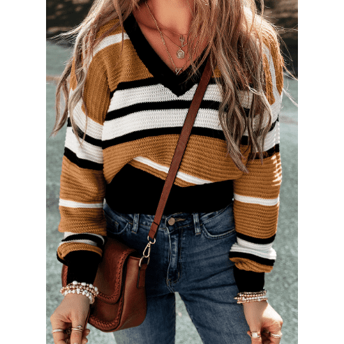 Constance Brown Stripe Contrast Stripes V Neck Textured Knit Sweater