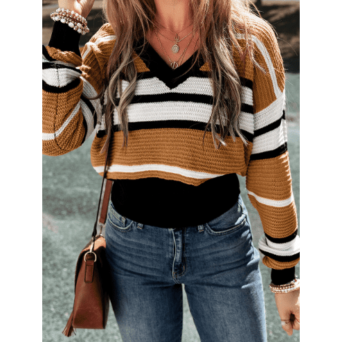 Constance Brown Stripe Contrast Stripes V Neck Textured Knit Sweater