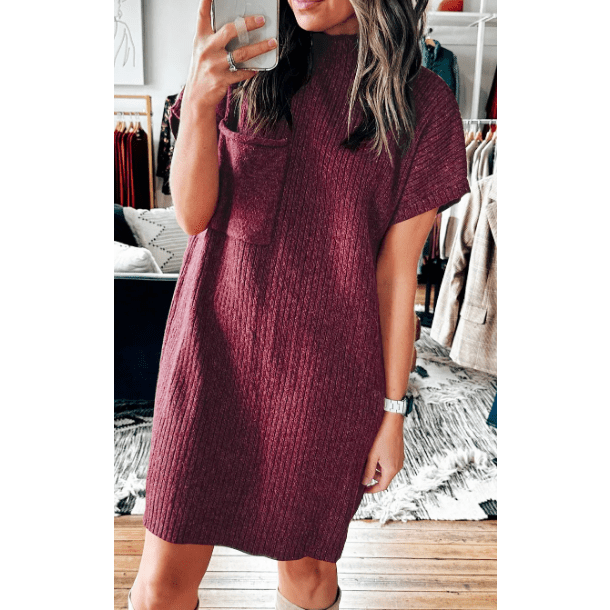 Charity Wine Patch Pocket Ribbed Knit Short Sleeve Sweater Dress