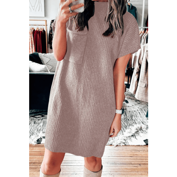 Charity Taupe Patch Pocket Ribbed Knit Short Sleeve Sweater Dress