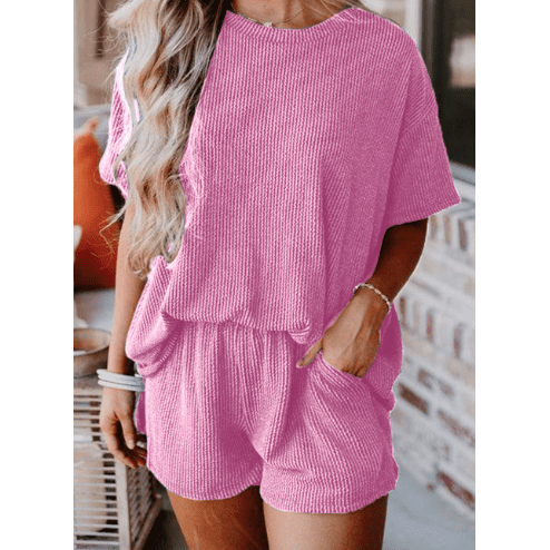 Vernita Pink Ribbed Textured Knit Loose Fit Tee and Shorts Set