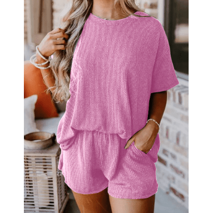 Vernita Pink Ribbed Textured Knit Loose Fit Tee and Shorts Set