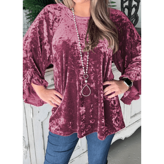 Tashi Velvet Pagoda Sleeve Crew Neck Top