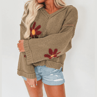 RTS Peyton Sage Green Flower Knit Ribbed Trim V Neck Sweater
