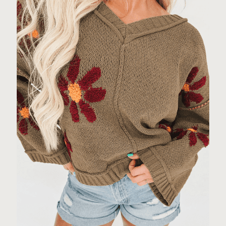 RTS Peyton Sage Green Flower Knit Ribbed Trim V Neck Sweater