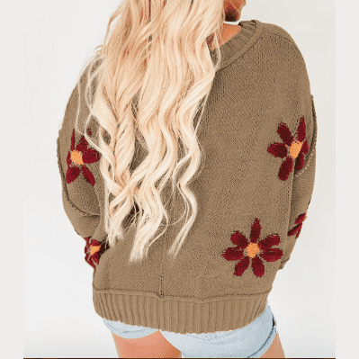RTS Peyton Sage Green Flower Knit Ribbed Trim V Neck Sweater