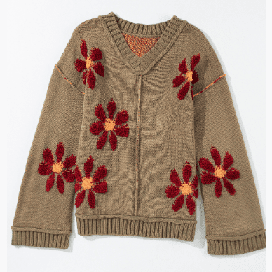 RTS Peyton Sage Green Flower Knit Ribbed Trim V Neck Sweater