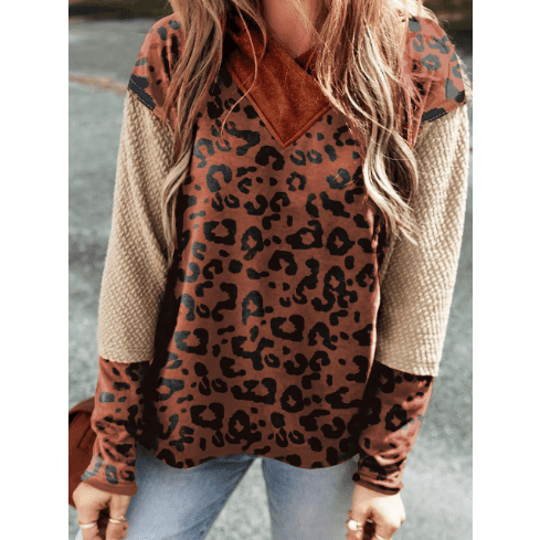 Reilly Brown Textured Knit Patchwork Leopard Hoodie