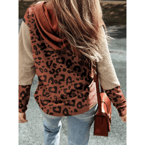 Reilly Brown Textured Knit Patchwork Leopard Hoodie