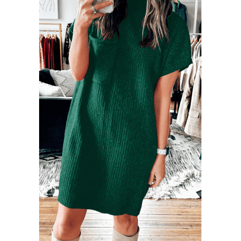 Charity Green Patch Pocket Ribbed Knit Short Sleeve Sweater Dress