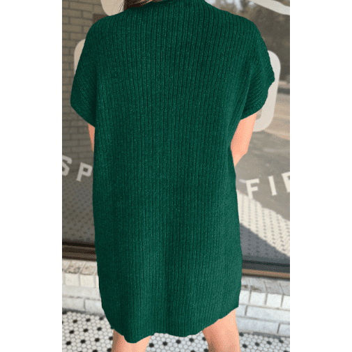 Charity Green Patch Pocket Ribbed Knit Short Sleeve Sweater Dress