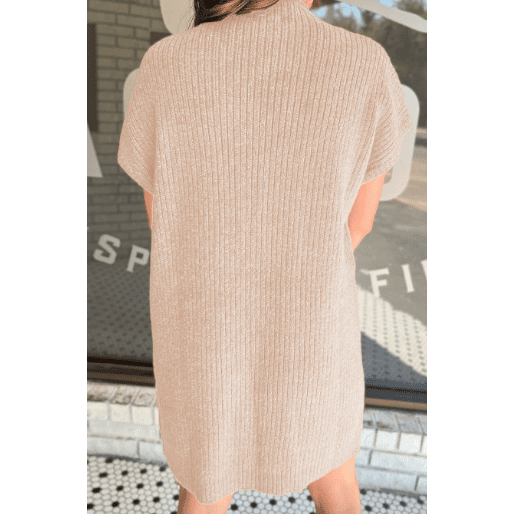 Charity Oatmeal Patch Pocket Ribbed Knit Short Sleeve Sweater Dress