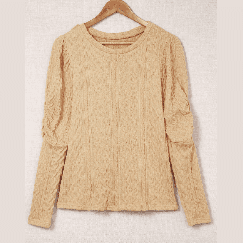 Kamren Khaki Solid Color Puffy Sleeve Textured Knit Top