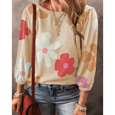 Zita Apricot Cute Flower Print Bracelet Sleeve Top