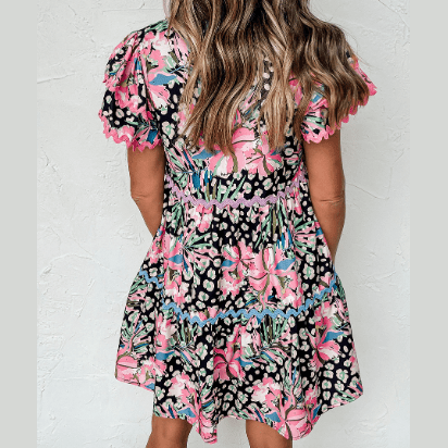 Paisley Pink Leopard Floral Ricrac Embellished Tiered Mini Dress