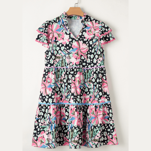 Paisley Pink Leopard Floral Ricrac Embellished Tiered Mini Dress