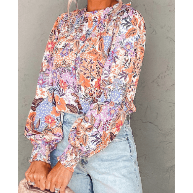 Harlee Multicolour Floral Bishop Sleeve Frilled Round Neck Blouse