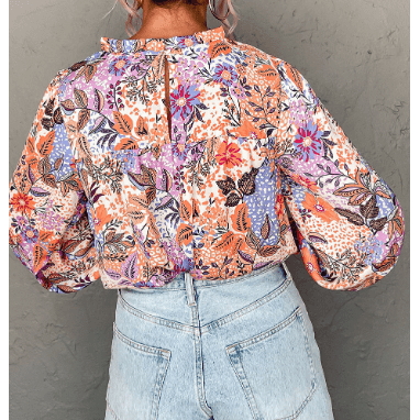 Harlee Multicolour Floral Bishop Sleeve Frilled Round Neck Blouse