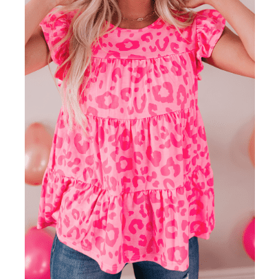 Audette Hot Pink Leopard Print Flutter Sleeve Tiered Tank Top