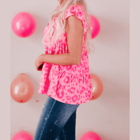 Audette Hot Pink Leopard Print Flutter Sleeve Tiered Tank Top