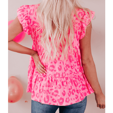 Audette Hot Pink Leopard Print Flutter Sleeve Tiered Tank Top