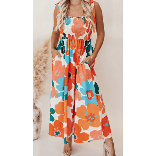 Annalynne Orange Floral Self Tied Straps Smocked Bust Maxi Dress