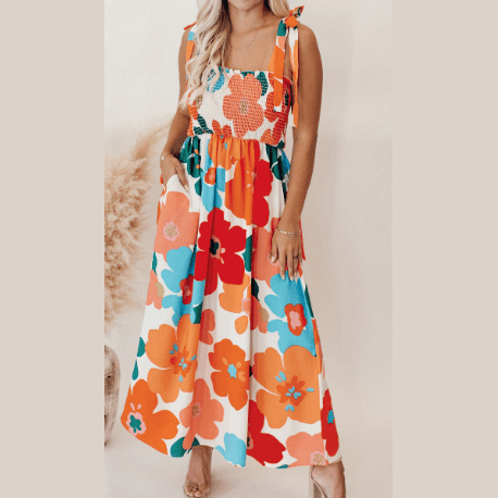 Annalynne Orange Floral Self Tied Straps Smocked Bust Maxi Dress