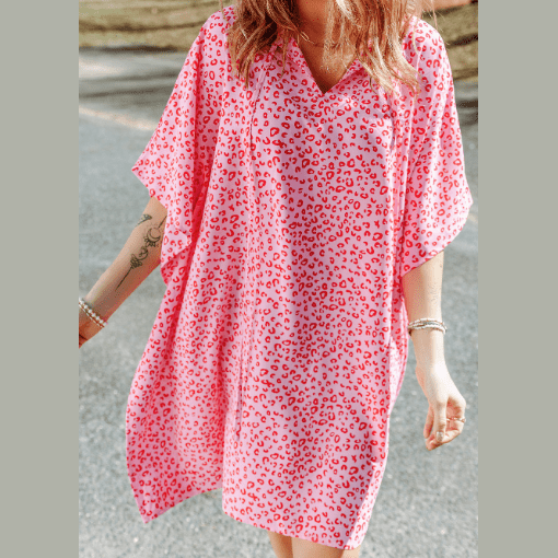 Izabelle Pink Leopard Animal Print Half Sleeve Shift Dress