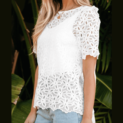 Mia White Elegant Flower Embroidery Hollowed Blouse