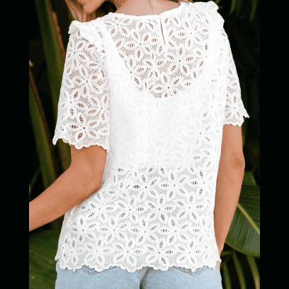 Mia White Elegant Flower Embroidery Hollowed Blouse