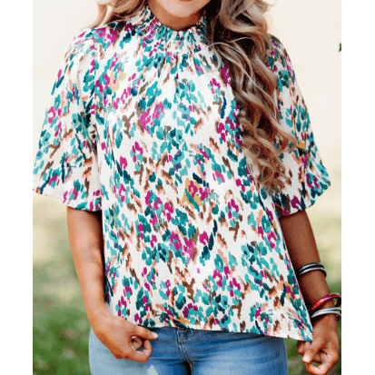 RTS Cynda Light Blue Abstract Print Puff Sleeve Mock Neck Blouse