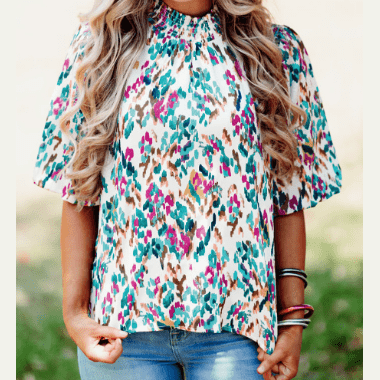 RTS Cynda Light Blue Abstract Print Puff Sleeve Mock Neck Blouse