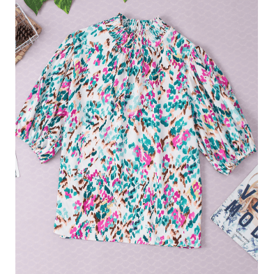 RTS Cynda Light Blue Abstract Print Puff Sleeve Mock Neck Blouse