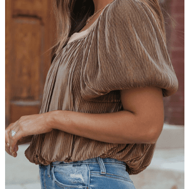 Rylee Simply Taupe Pleated Puff Sleeve Square Neck Blouse