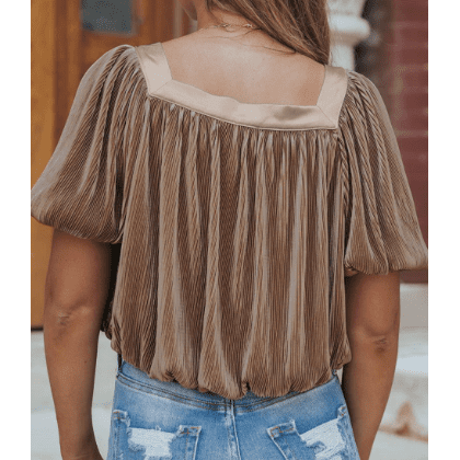 Rylee Simply Taupe Pleated Puff Sleeve Square Neck Blouse