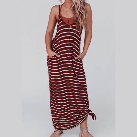 Renee Red Stripe Side Pocket Spaghetti Straps Maxi Dress