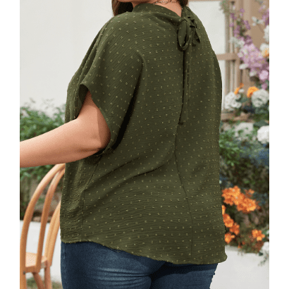 Shanna Moss Green PLUS SIZE Swiss Dot Mock Neck Tied Nape Top