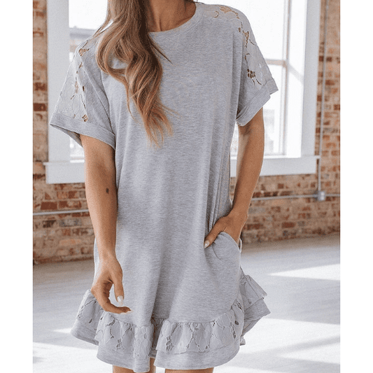 Sami Light Grey Lace Floral Patchwork Ruffled T-shirt Dress