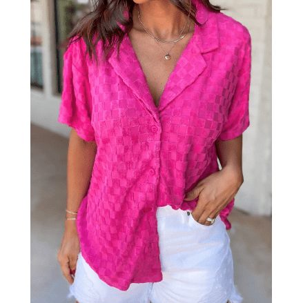 SALE!!!  Carsyn Bright Pink Lapel Neck Checkered Textured Short Sleeve Shirt   SALE!!!