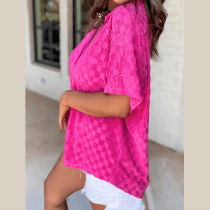 SALE!!!  Carsyn Bright Pink Lapel Neck Checkered Textured Short Sleeve Shirt   SALE!!!